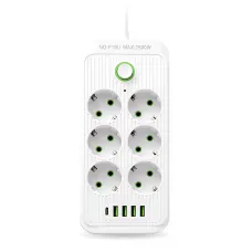 Мережевий фільтр-подовжувач 6 розеток + 4 USB + Type-C, 2 метри, потужний подовжувач із вимикачем для дому та офісу, білий
