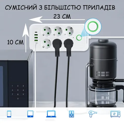 Сетевой фильтр-удлинитель 6 розеток + 4 USB + Type-C, 2 метра, мощный удлинитель с выключателем для дома и офиса, белый - фото 8