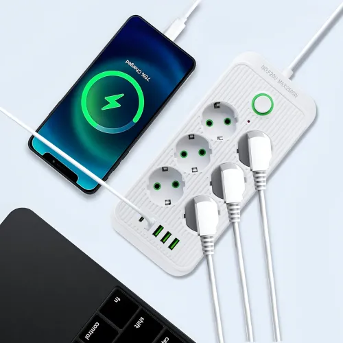 Мережевий фільтр-подовжувач 6 розеток + 4 USB + Type-C, 2 метри, потужний подовжувач із вимикачем для дому та офісу, білий - фото 4