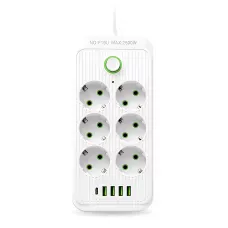 Мережевий фільтр-подовжувач 6 розеток + 4 USB + Type-C, 2 метри, потужний подовжувач із вимикачем для дому та офісу, білий