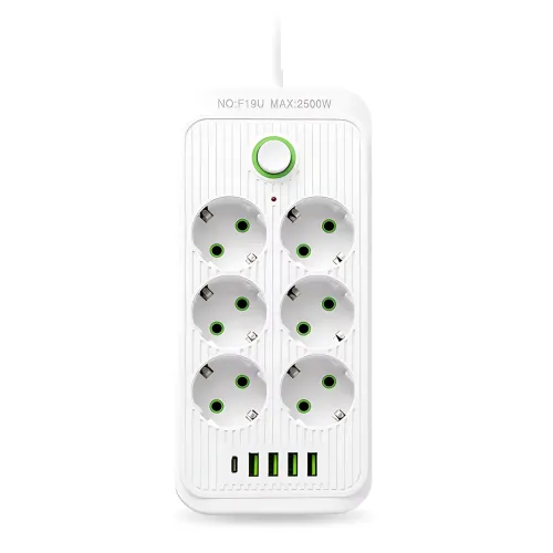 Мережевий фільтр-подовжувач 6 розеток + 4 USB + Type-C, 2 метри, потужний подовжувач із вимикачем для дому та офісу, білий