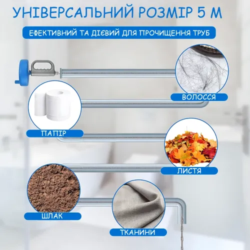 Сантехнічний трос для прочищення труб ZS_R, металевий інструмент для видалення засмічень у раковині, ванні та каналізації, 5 м - фото 4