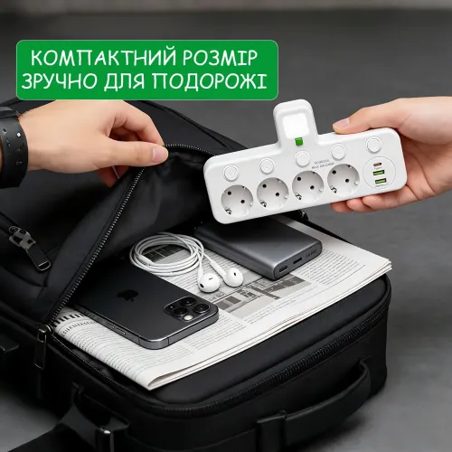 Сетевой фильтр-удлинитель 2500Вт, 4 розетки + 2 USB + 1 Type-C (PD), с ночником, индивидуальные выключатели, белый (PNS-01/8625UL) - фото 9