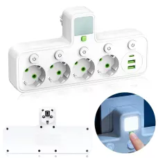 Мережевий фільтр-подовжувач 2500 Вт, 4 розетки + 2 USB + 1 Type-C (PD), з нічником, індивідуальні вимикачі, білий (PNS-01/8625UL)