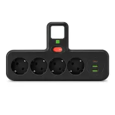 Мережевий фільтр-розгалужувач PNS-04, 4 розетки 220 V + 2 USB + 1 Type-C (PD), з LED-підсвіткою, чорний