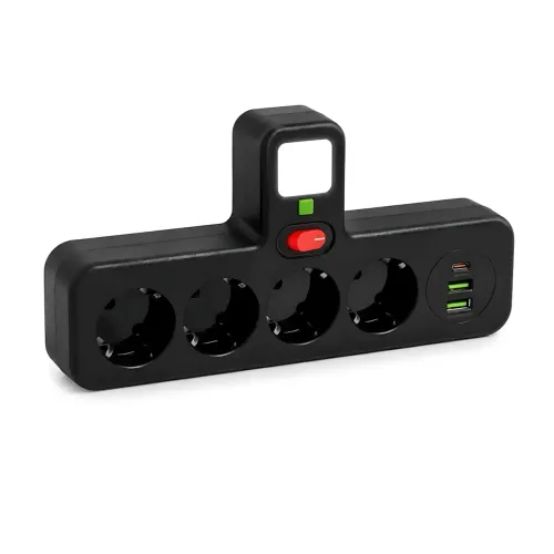 Мережевий фільтр-розгалужувач PNS-04, 4 розетки 220 V + 2 USB + 1 Type-C (PD), з LED-підсвіткою, чорний - фото 3