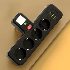 Мережевий фільтр-розгалужувач PNS-04, 4 розетки 220 V + 2 USB + 1 Type-C (PD), з LED-підсвіткою, чорний