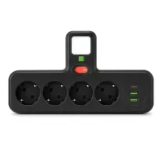 Мережевий фільтр-розгалужувач PNS-04, 4 розетки 220 V + 2 USB + 1 Type-C (PD), з LED-підсвіткою, чорний