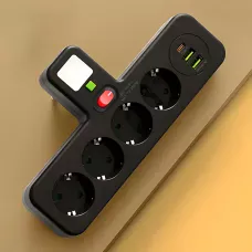 Мережевий фільтр-розгалужувач PNS-04, 4 розетки 220 V + 2 USB + 1 Type-C (PD), з LED-підсвіткою, чорний