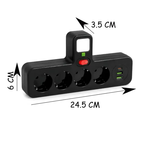 Мережевий фільтр-розгалужувач PNS-04, 4 розетки 220 V + 2 USB + 1 Type-C (PD), з LED-підсвіткою, чорний - фото 6
