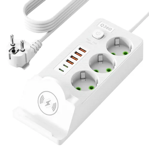 Сетевой фильтр-удлинитель 3 метра, 3 розетки + 4 USB + 2 Type-C (PD) + Беспроводная зарядка, белый (Q360/PNS-06) - фото 5