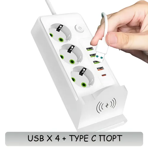 Сетевой фильтр-удлинитель 3 метра, 3 розетки + 4 USB + 2 Type-C (PD) + Беспроводная зарядка, белый (Q360/PNS-06) - фото 3