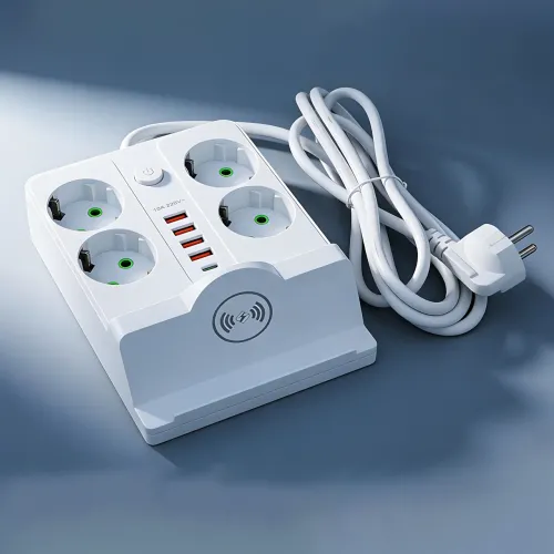 Сетевой фильтр-удлинитель 5 метров, 4 розетки + 4 USB + 2 Type-C (PD) + Беспроводная зарядка, белый (Q370/PNS-07)