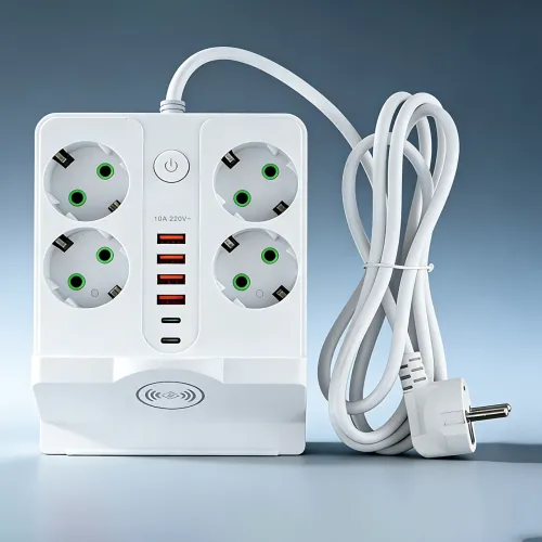 Сетевой фильтр-удлинитель 5 метров, 4 розетки + 4 USB + 2 Type-C (PD) + Беспроводная зарядка, белый (Q370/PNS-07) - фото 2