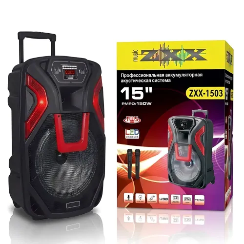 Акустическая колонка ZXX-1503 60Вт (15), автономная переносная система с 2 радиомикрофонами, Bluetooth, TWS, караоке, LED - фото 8