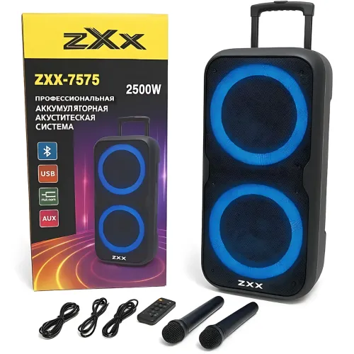 Акустична колонка ZXX-7575 2500 Вт (2×12), портативна караоке-система з 2 радіомікрофонами, Bluetooth, X-BASS, TWS, LED - фото 9