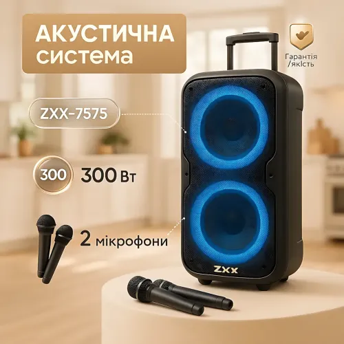 Акустична колонка ZXX-7575 2500 Вт (2×12), портативна караоке-система з 2 радіомікрофонами, Bluetooth, X-BASS, TWS, LED - фото 7