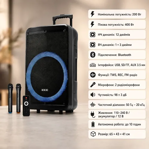 Портативна акустична колонка ZXX-7676 60 Вт 12 з Bluetooth, караоке та 2 радіомікрофонами, автономна колонка-валіза - фото 2
