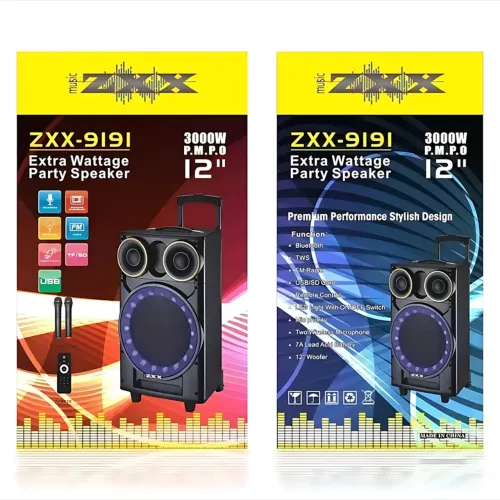 Портативная акустическая колонка ZXX-9191 60Вт 12 с Bluetooth, караоке и 2 радиомикрофонами, автономная колонка-чемодан - фото 10
