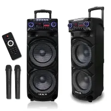 Портативная акустическая колонка ZXX-9292 60Вт 2х10 с Bluetooth, караоке, LED-подсветкой и 2 радиомикрофонами, колонка-чемодан