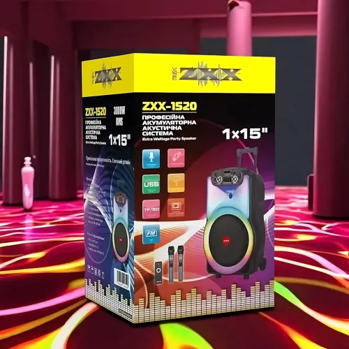 Портативна акустична колонка ZXX-1520 120 Вт 15 з Bluetooth, караоке, LED-підсвіткою і 2 радіомікрофонами, колонка-валіза - фото 8