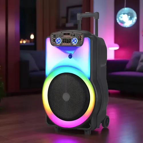 Портативна акустична колонка ZXX-1520 120 Вт 15 з Bluetooth, караоке, LED-підсвіткою і 2 радіомікрофонами, колонка-валіза - фото 7