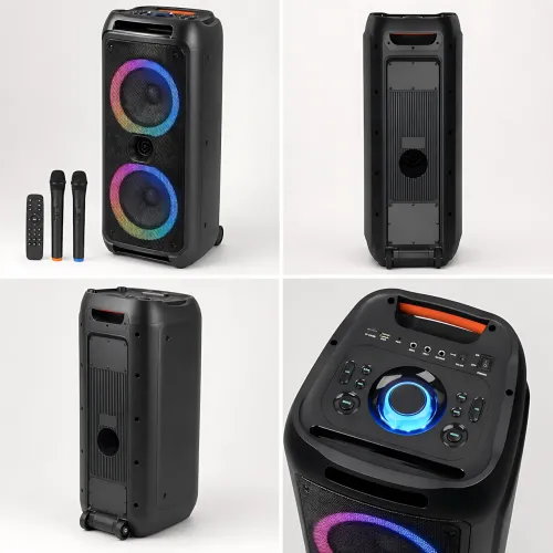 Акустична колонка ZXX-5590 100 Вт, портативна караоке система з двома мікрофонами, Bluetooth, TWS, FM, підсвіткою, на колесах - фото 7