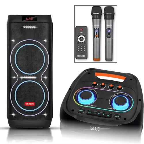 Акустическая колонка ZXX-5560 100 Вт, портативная караоке система с 2 микрофонами, Bluetooth, TWS, FM, LED подсветкой, на колесах