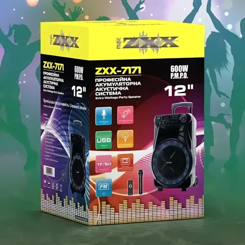 Акустическая колонка ZXX-7171 600 Вт, портативная караоке система 12, Bluetooth, TWS, FM, LED, микрофон, эквалайзер, на колесиках - фото 9