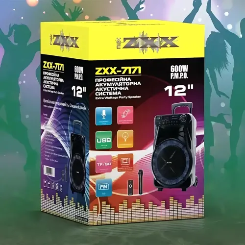 Акустическая колонка ZXX-7171 600 Вт, портативная караоке система 12, Bluetooth, TWS, FM, LED, микрофон, эквалайзер, на колесиках - фото 9