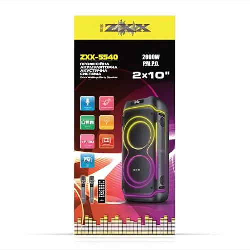 Портативная акустическая колонка ZXX-5540 100Вт, 2x10, Bluetooth, TWS, Караоке, 2 радиомикрофона, FM, LED-подсветка, аккумулятор - фото 9