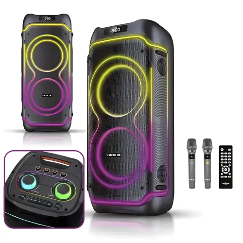 Портативная акустическая колонка ZXX-5540 100Вт, 2x10, Bluetooth, TWS, Караоке, 2 радиомикрофона, FM, LED-подсветка, аккумулятор