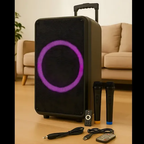Портативная акустическая колонка ZXX-7878 90Вт, 15, Bluetooth, TWS, Караоке, 2 радиомикрофона, FM, RGB-подсветка, 5000mAh - фото 2