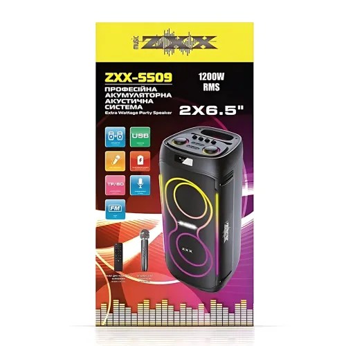 Портативная акустическая колонка ZXX-5509 1200Вт, 2x6.5, Bluetooth, TWS, Караоке, Радиомикрофон, FM, LED-подсветка, 4500mAh - фото 9