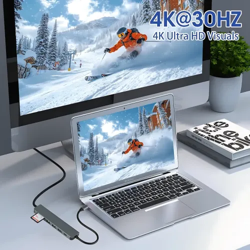 USB-хаб XoKo AC-500 7-в-1 Type-C, HDMI 4K, RJ45 (Gigabit), 2xUSB 3.0, PD 100W, картридер SD/TF, алюминиевый корпус (Графит) - фото 5