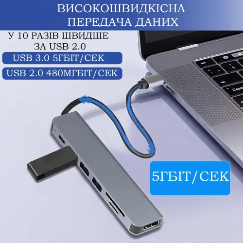 USB-хаб XoKo AC-500 7-в-1 Type-C, HDMI 4K, RJ45 (Gigabit), 2xUSB 3.0, PD 100W, картридер SD/TF, алюминиевый корпус (Графит) - фото 4