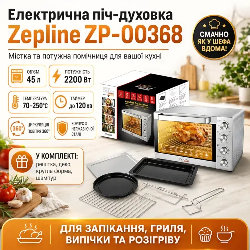 Электрическая печь-духовка Zepline ZP-00368, 45 л, 2200 Вт, духовой шкаф из нержавеющей стали с конвекцией, грилем и подсветкой - фото 3