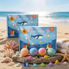 Набір органічних бомбочок для ванни з іграшкою-сюрпризом BATH BOMB GIFT, шипучі бомбочки для купання Морські мешканці 12 шт.