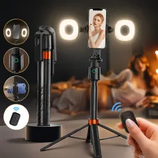 Смарт селфи-штатив трипод Q13 с AI-автоотслеживанием лица 360° и 2 LED-панелями Черный (180 см, Bluetooth-пульт), портативный