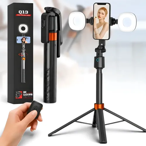 Смарт селфи-штатив трипод Q13 с AI-автоотслеживанием лица 360° и 2 LED-панелями Черный (180 см, Bluetooth-пульт), портативный - фото 10