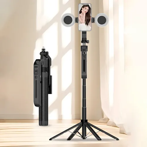 Смарт селфи-штатив трипод C12 Long с AI-автоотслеживанием лица 360° и LED-подсветкой Чёрный (1.8 м, Bluetooth-пульт), квадропод - фото 9