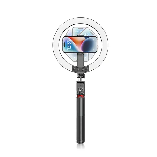 Селфи штатив трипод P100 напольный 1.9м с кольцевой RGB LED лампой 26см и Bluetooth пультом, Черный - фото 2