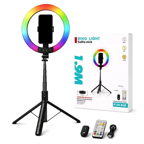 Селфи штатив трипод P100 напольный 1.9м с кольцевой RGB LED лампой 26см и Bluetooth пультом, Черный - фото 10