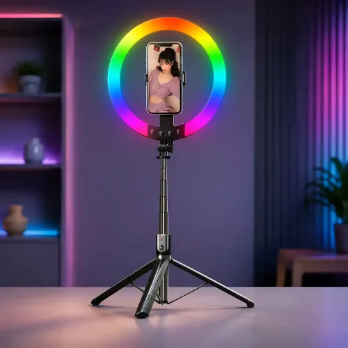Селфи штатив трипод P100 напольный 1.9м с кольцевой RGB LED лампой 26см и Bluetooth пультом, Черный - фото 9
