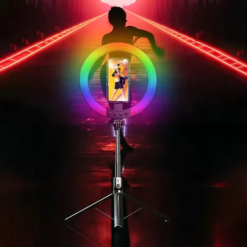 Селфи штатив трипод P100 напольный 1.9м с кольцевой RGB LED лампой 26см и Bluetooth пультом, Черный - фото 8