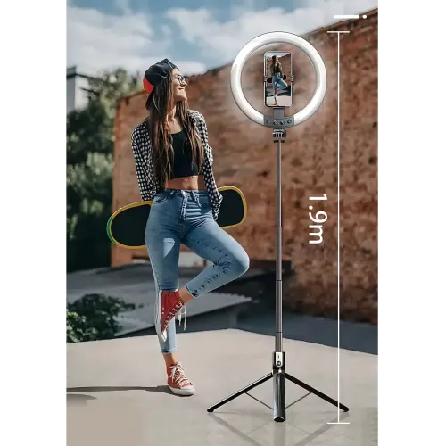 Селфи штатив трипод P100 напольный 1.9м с кольцевой RGB LED лампой 26см и Bluetooth пультом, Черный - фото 6