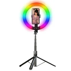 Селфи штатив трипод P100 напольный 1.9м с кольцевой RGB LED лампой 26см и Bluetooth пультом, Черный
