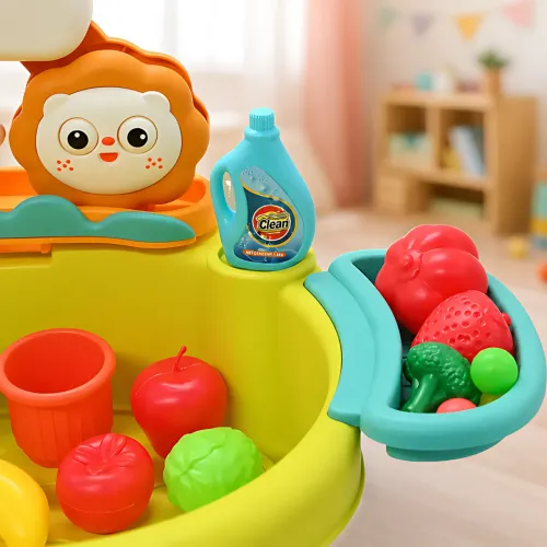 Детский игровой столик с раковиной и циркуляцией воды 26X-160, игрушечная кухонная мойка с электро краном, посудой, водной горкой - фото 4