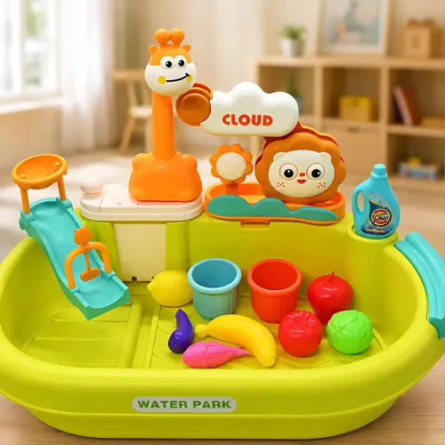 Детский игровой столик с раковиной и циркуляцией воды 26X-160, игрушечная кухонная мойка с электро краном, посудой, водной горкой - фото 3