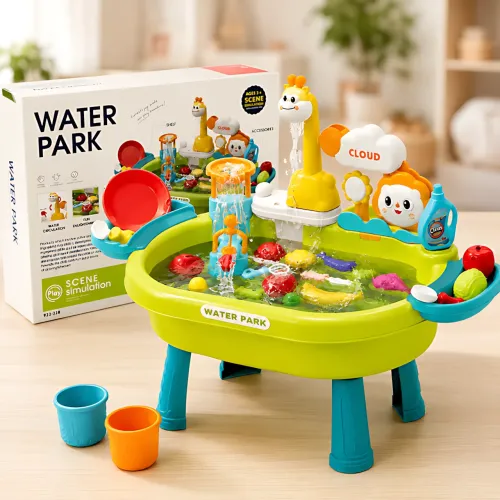 Детский игровой столик с раковиной и циркуляцией воды 26X-160, игрушечная кухонная мойка с электро краном, посудой, водной горкой - фото 2